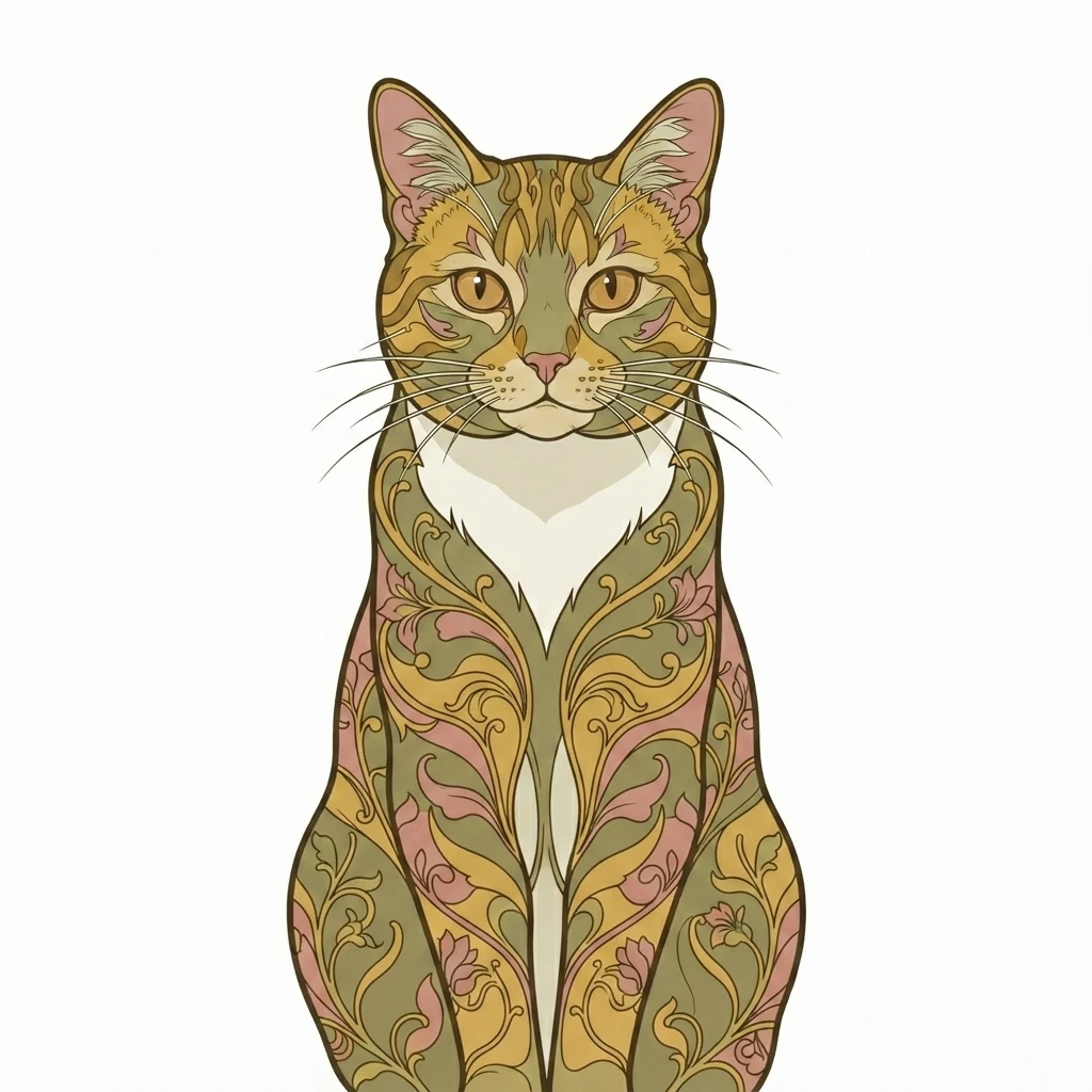 Un gato atigrado naranja de muestra generado por IA, antes y después del estilo Art nouveau