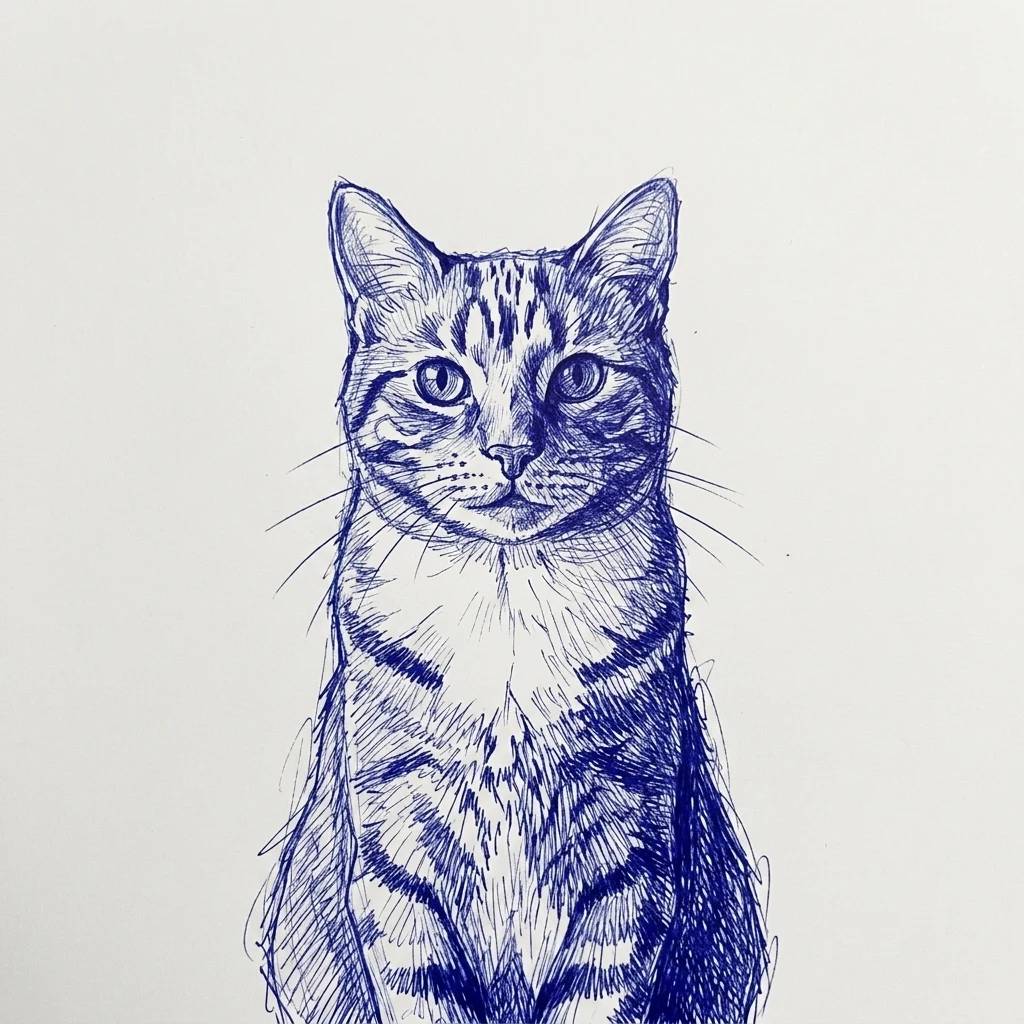 Un gato atigrado naranja de muestra generado por IA, antes y después del estilo Bolígrafo