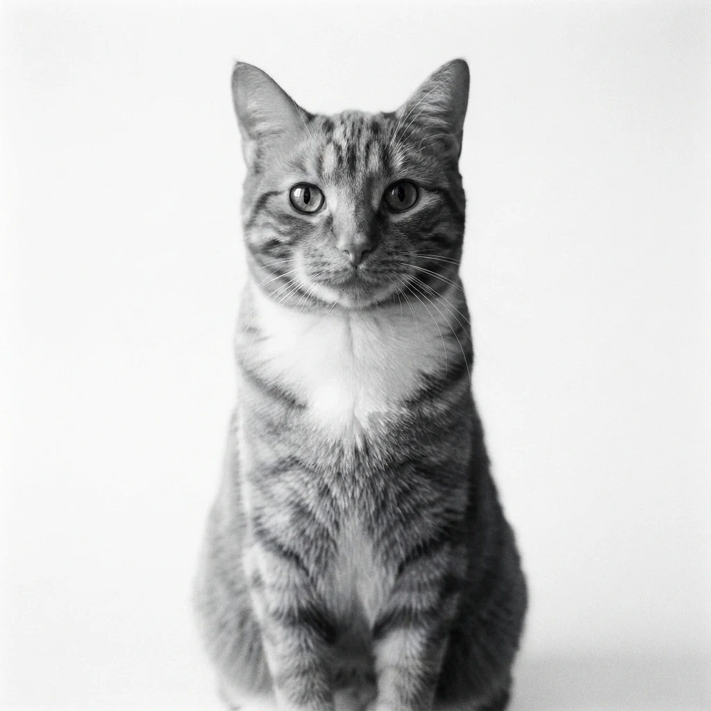 Un gato atigrado naranja de muestra generado por IA, antes y después del estilo Blanco y negro artístico