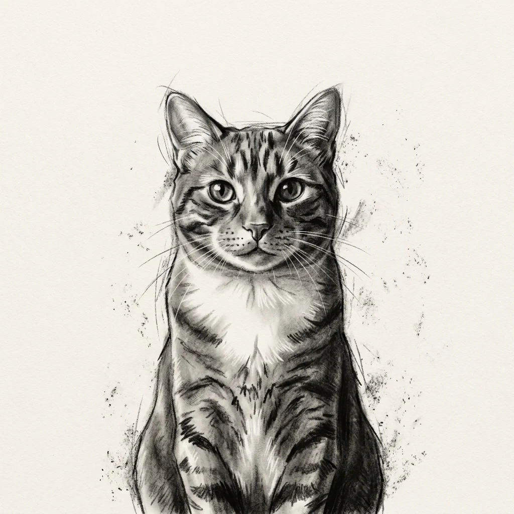 Un gato atigrado naranja de muestra generado por IA, antes y después del estilo Carboncillo