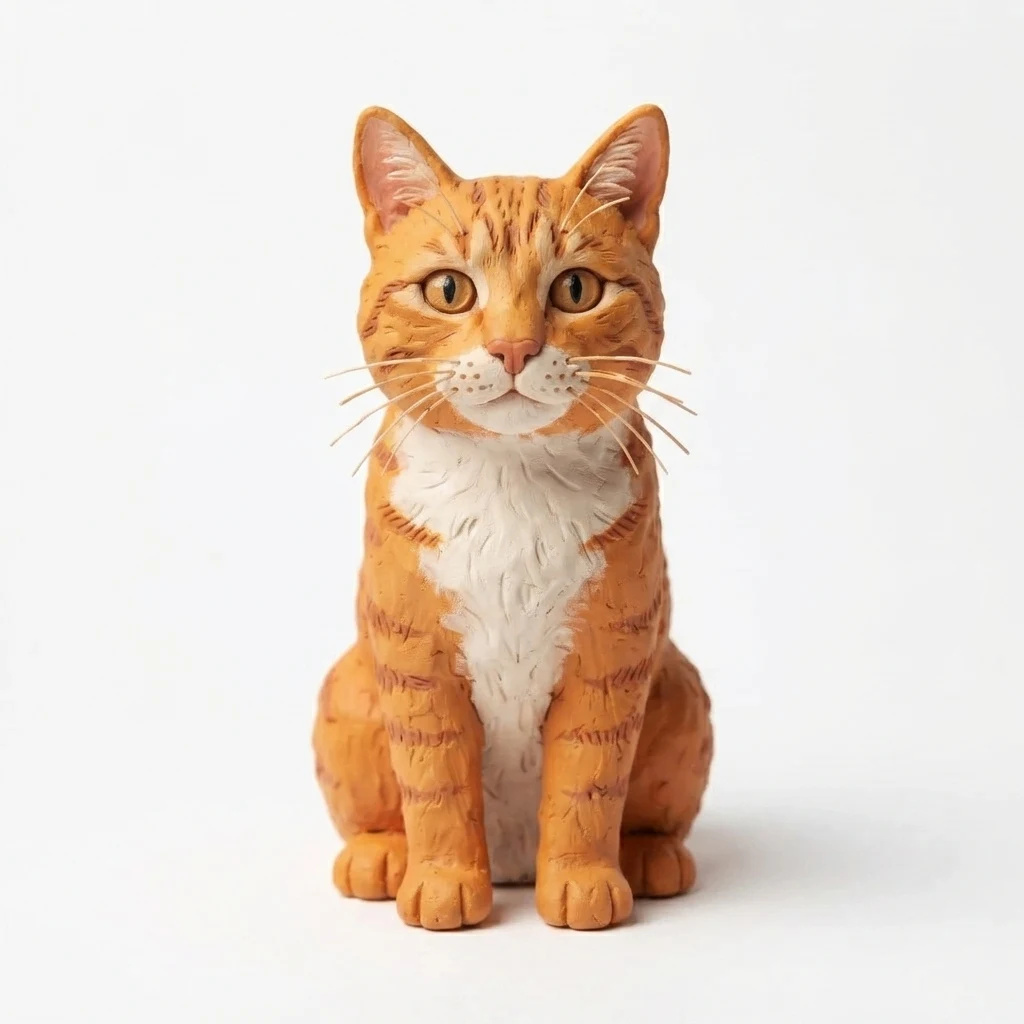 An AI-generated sample orange tabby cat, before and after the Clay puppet style