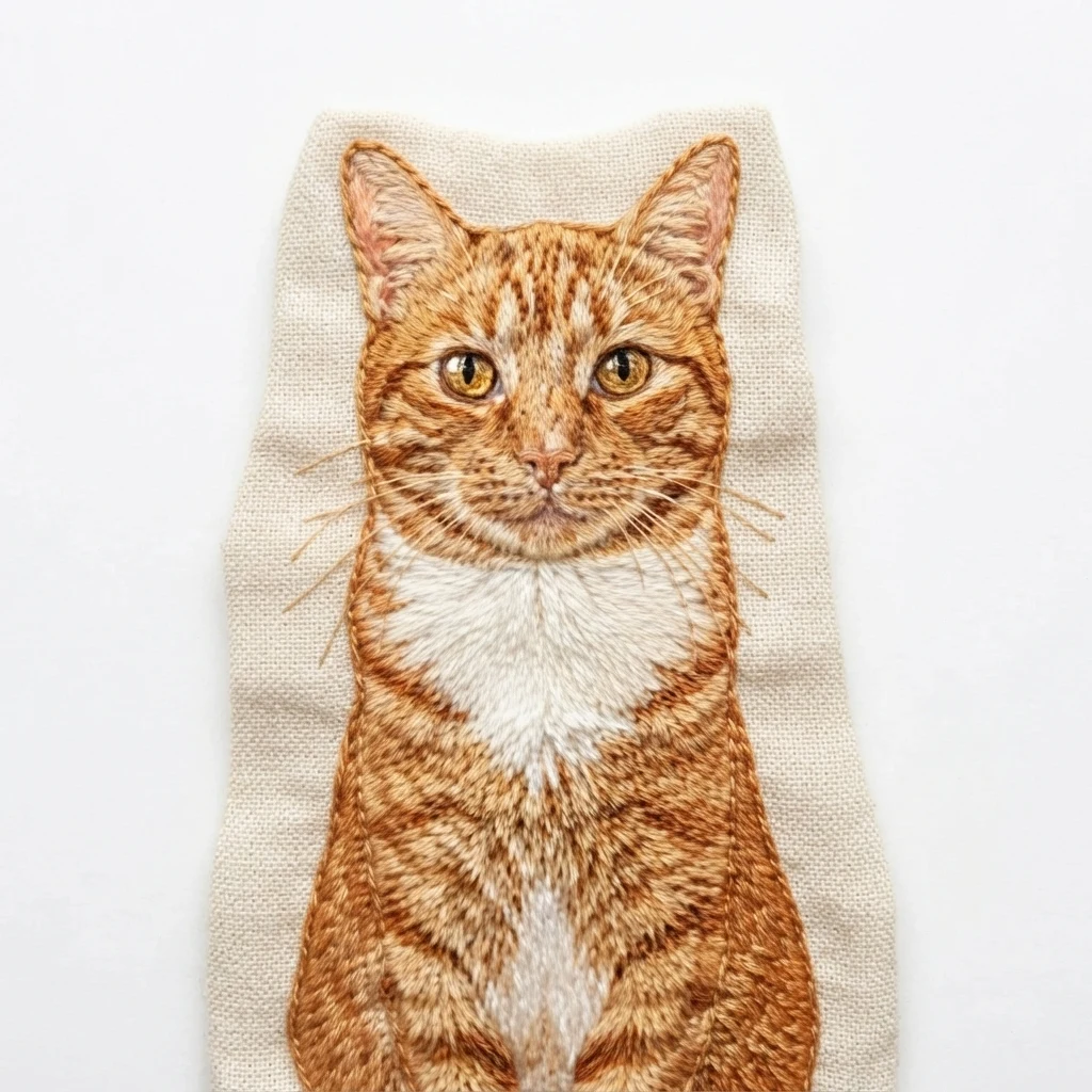An AI-generated sample orange tabby cat, before and after the Embroidery style