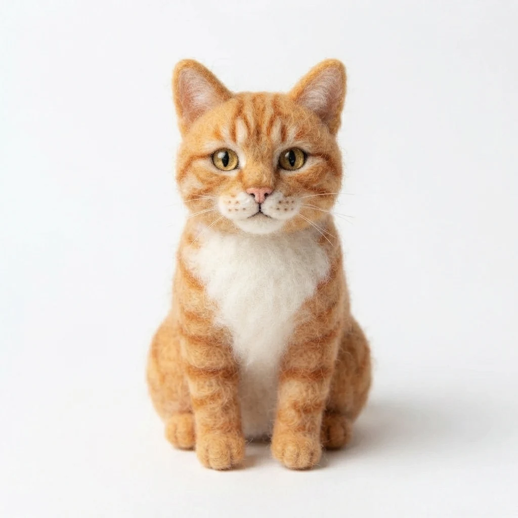 An AI-generated sample orange tabby cat, before and after the Felt plush style