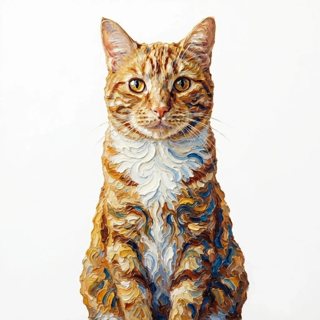 An AI-generated sample orange tabby cat, before and after the Swirling oils style