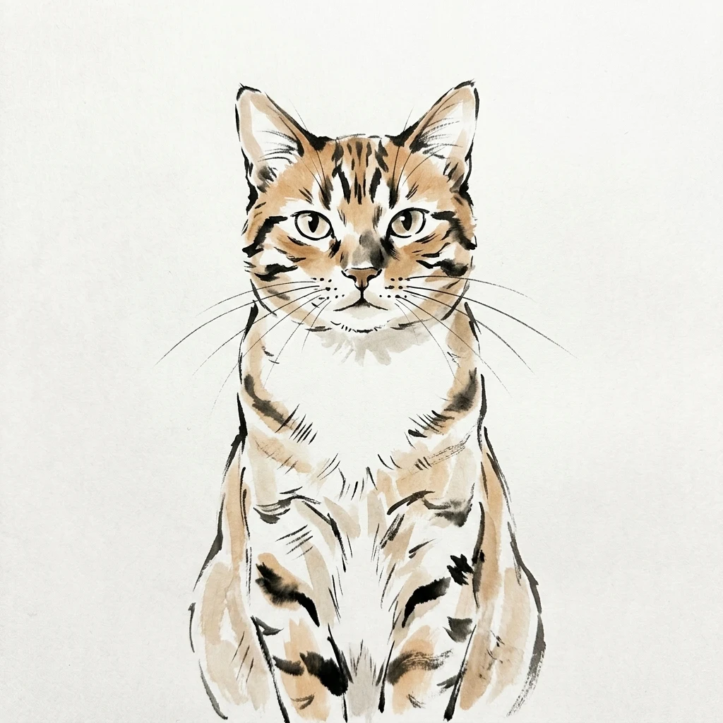Un gato atigrado naranja de muestra generado por IA, antes y después del estilo Tinta china