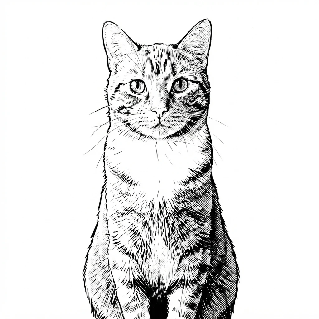 Un gato atigrado naranja de muestra generado por IA, antes y después del estilo Manga en tinta