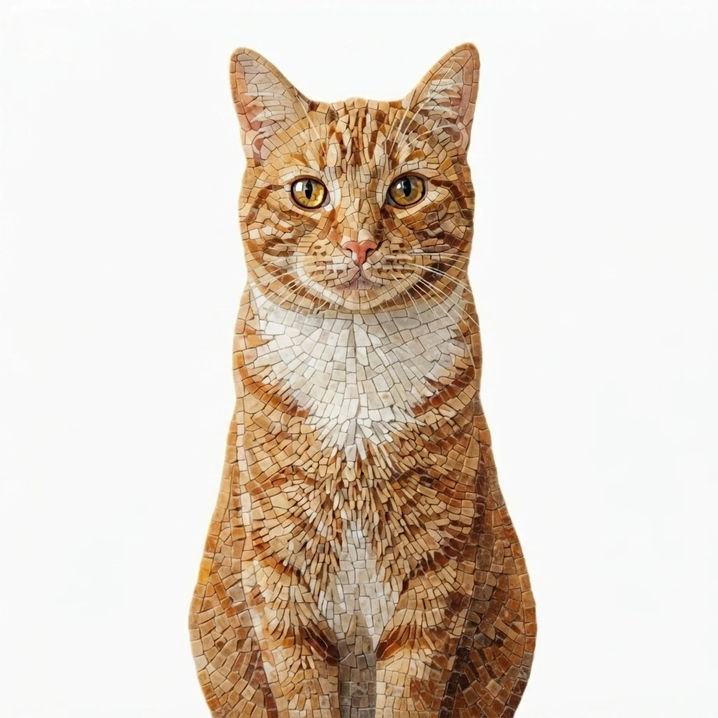 Un gato atigrado naranja de muestra generado por IA, antes y después del estilo Mosaico