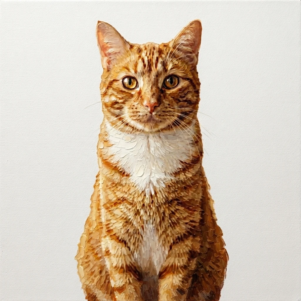 Un gato atigrado naranja de muestra generado por IA, antes y después del estilo Óleo