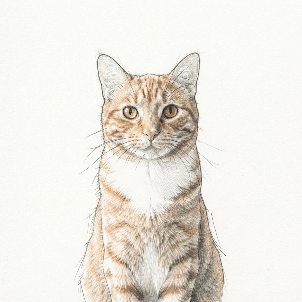 An AI-generated sample orange tabby cat, before and after the Pencil sketch style