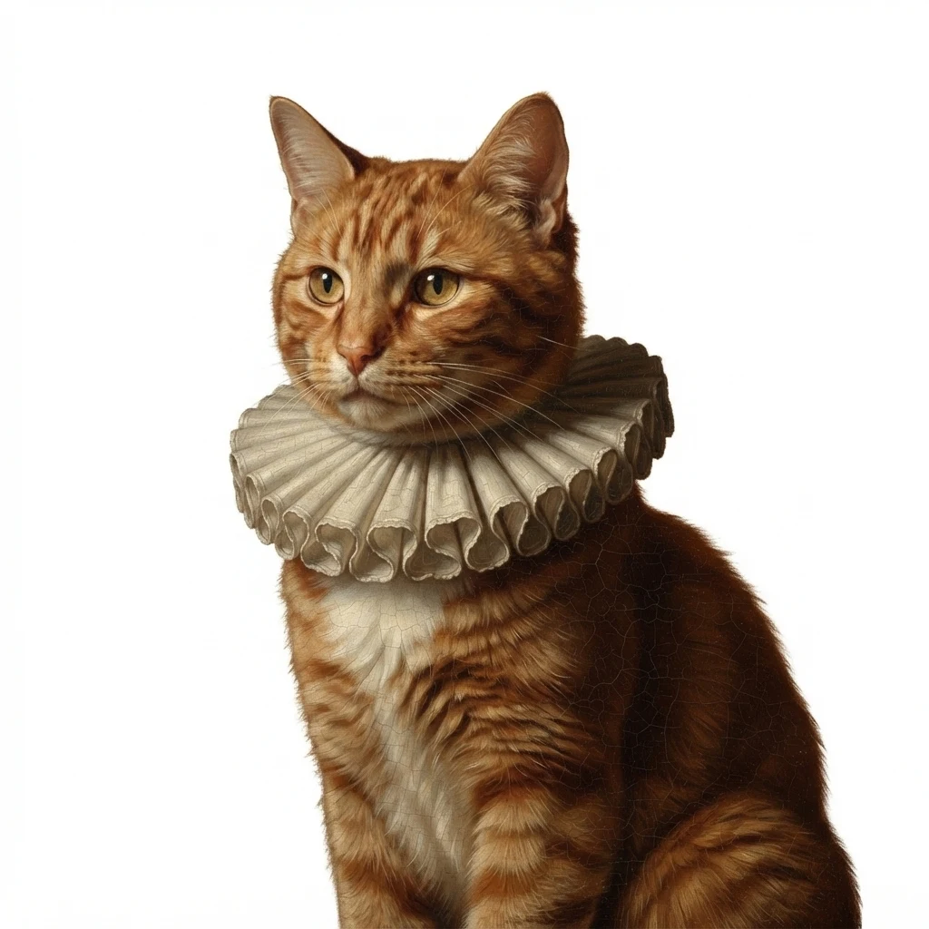 Un gato atigrado naranja de muestra generado por IA, antes y después del estilo Retrato renacentista