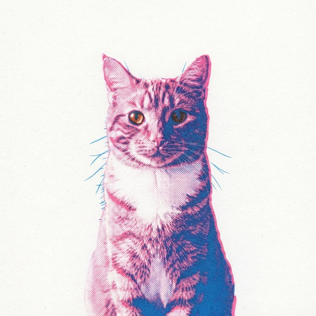 Un gato atigrado naranja de muestra generado por IA, antes y después del estilo Risografía