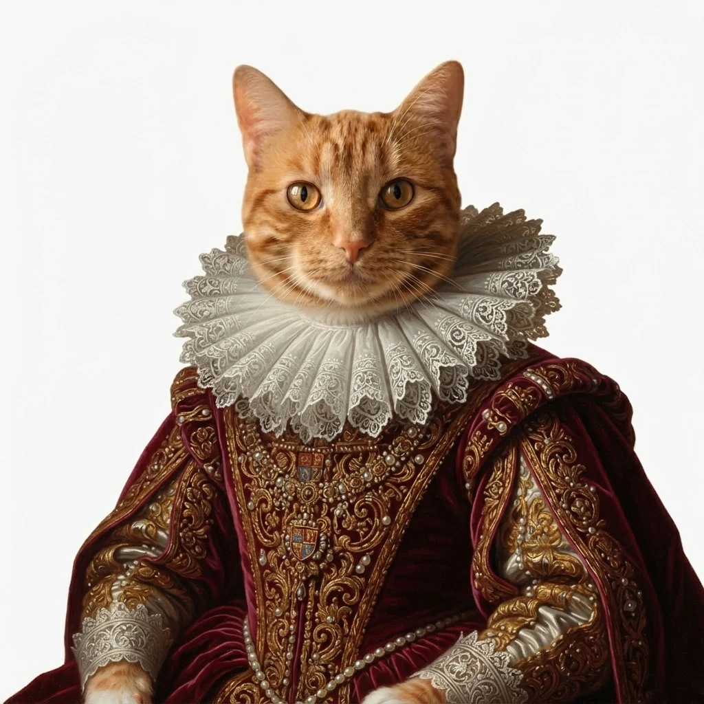 An AI-generated sample orange tabby cat, before and after the Royal portrait style