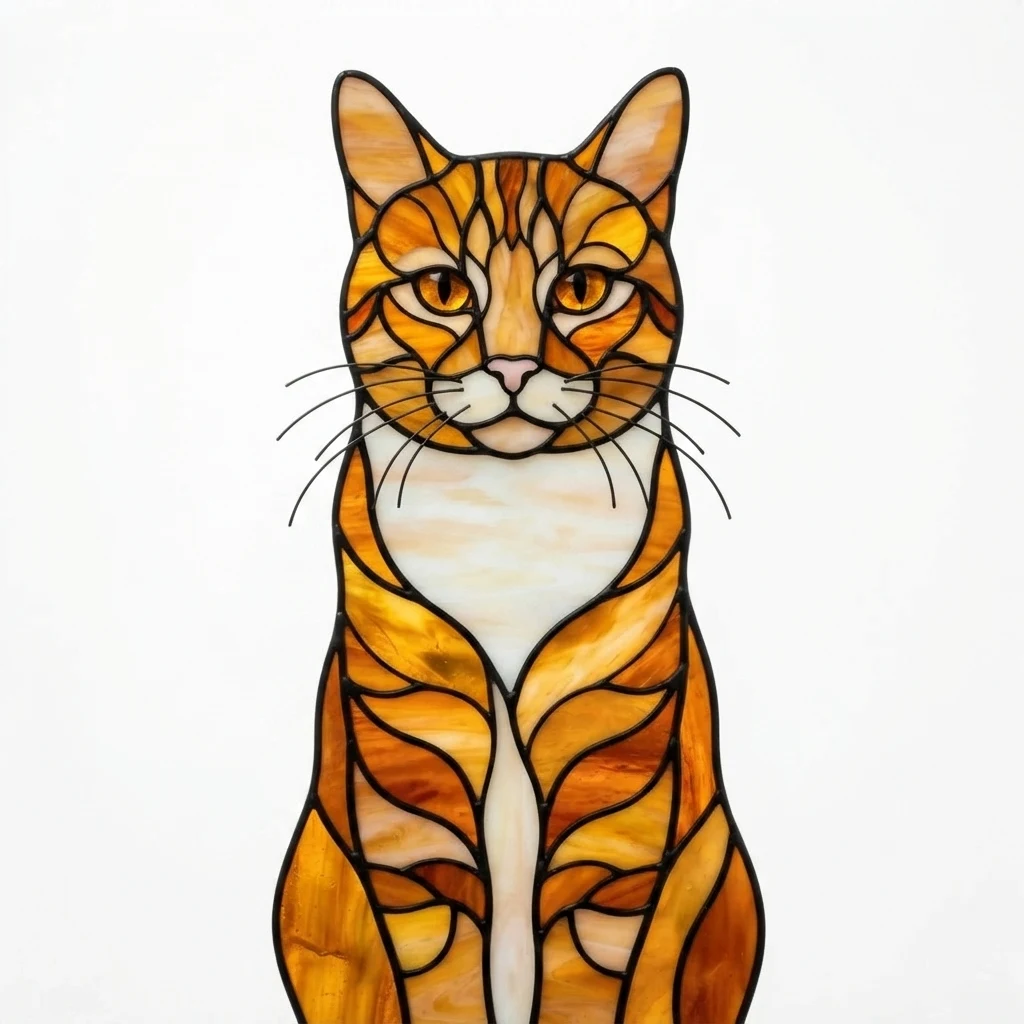 Un gato atigrado naranja de muestra generado por IA, antes y después del estilo Vitral