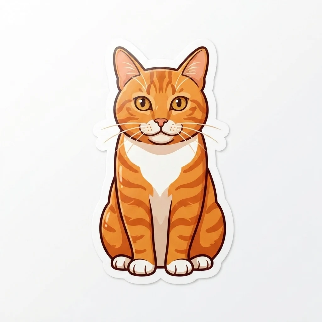 An AI-generated sample orange tabby cat, before and after the Sticker style