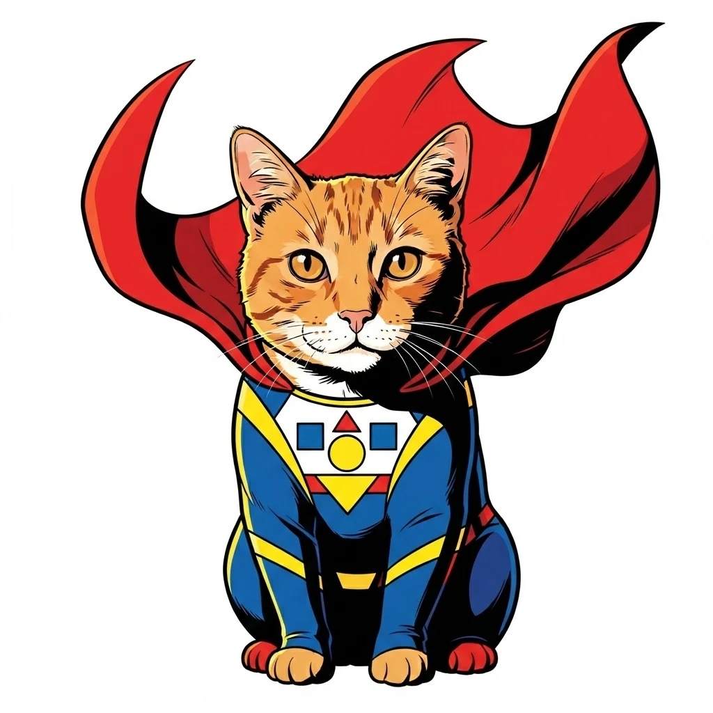 Un gato atigrado naranja de muestra generado por IA, antes y después del estilo Superhéroe