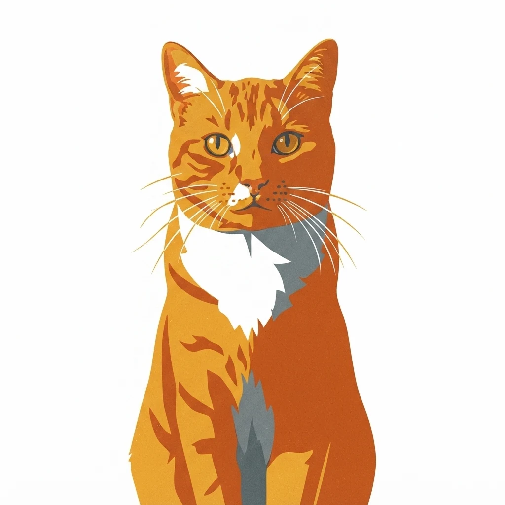 An AI-generated sample orange tabby cat, before and after the Travel poster style
