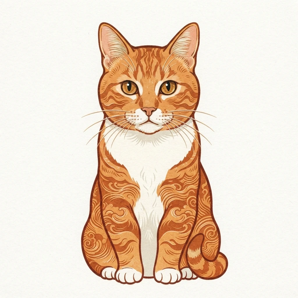 Un gato atigrado naranja de muestra generado por IA, antes y después del estilo Grabado japonés