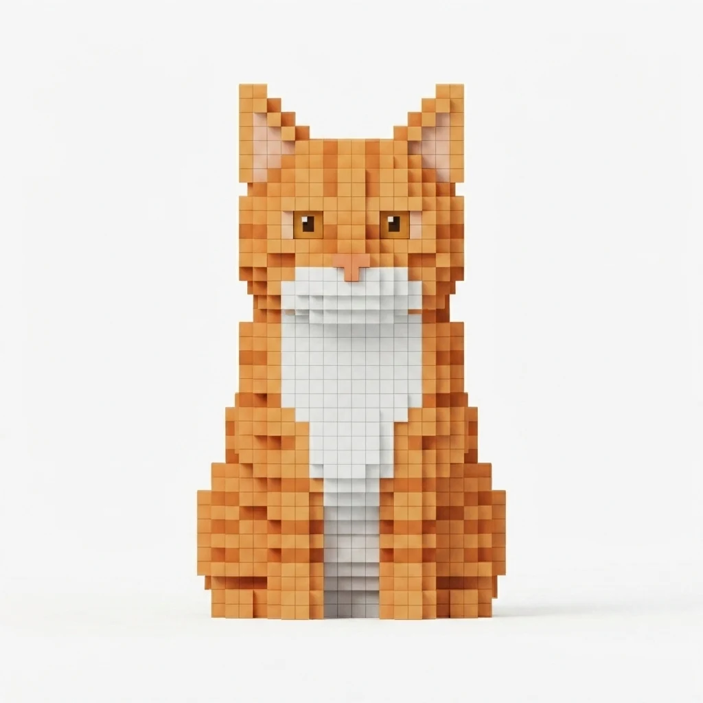 Un gato atigrado naranja de muestra generado por IA, antes y después del estilo Vóxel