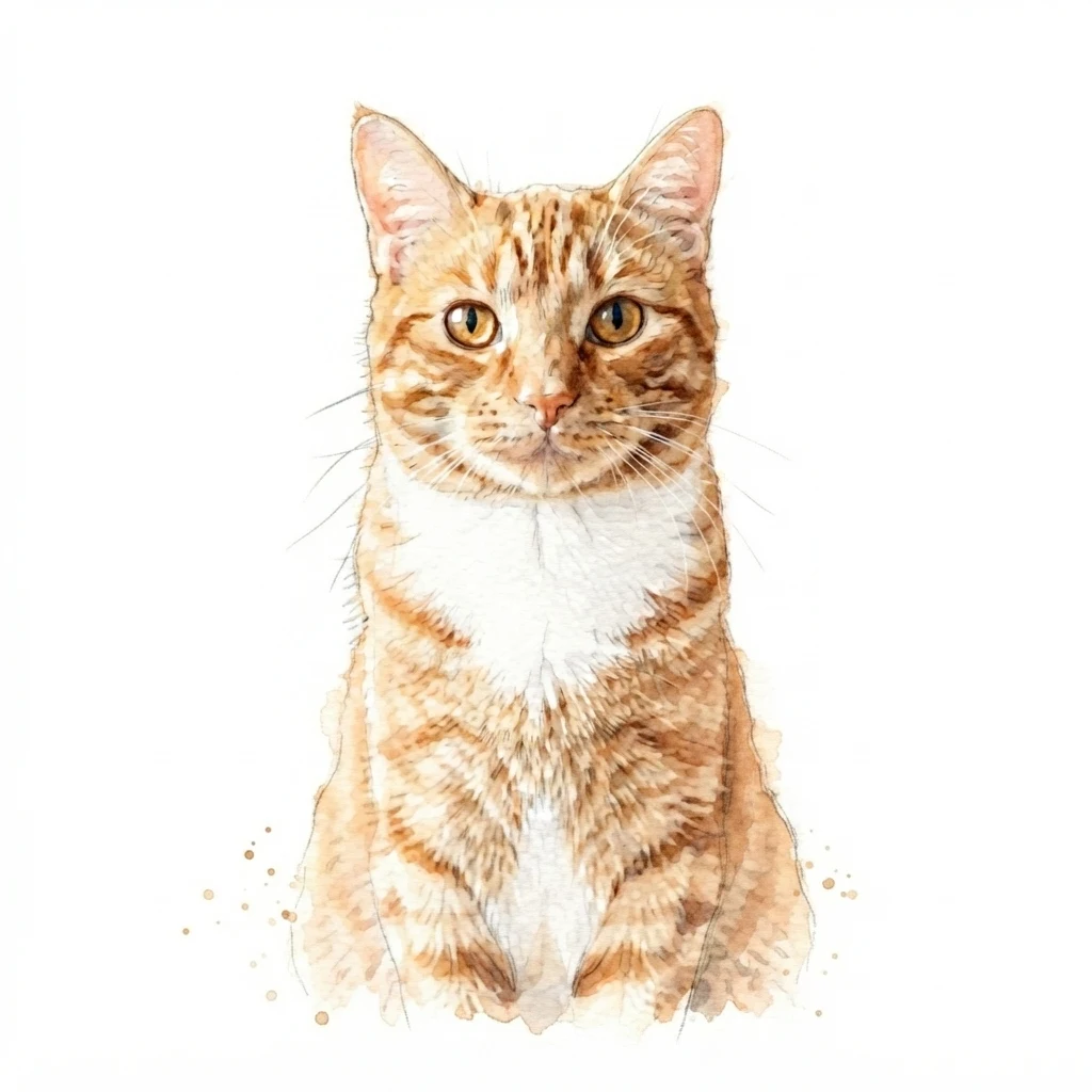 Un gato atigrado naranja de muestra generado por IA, antes y después del estilo Acuarela