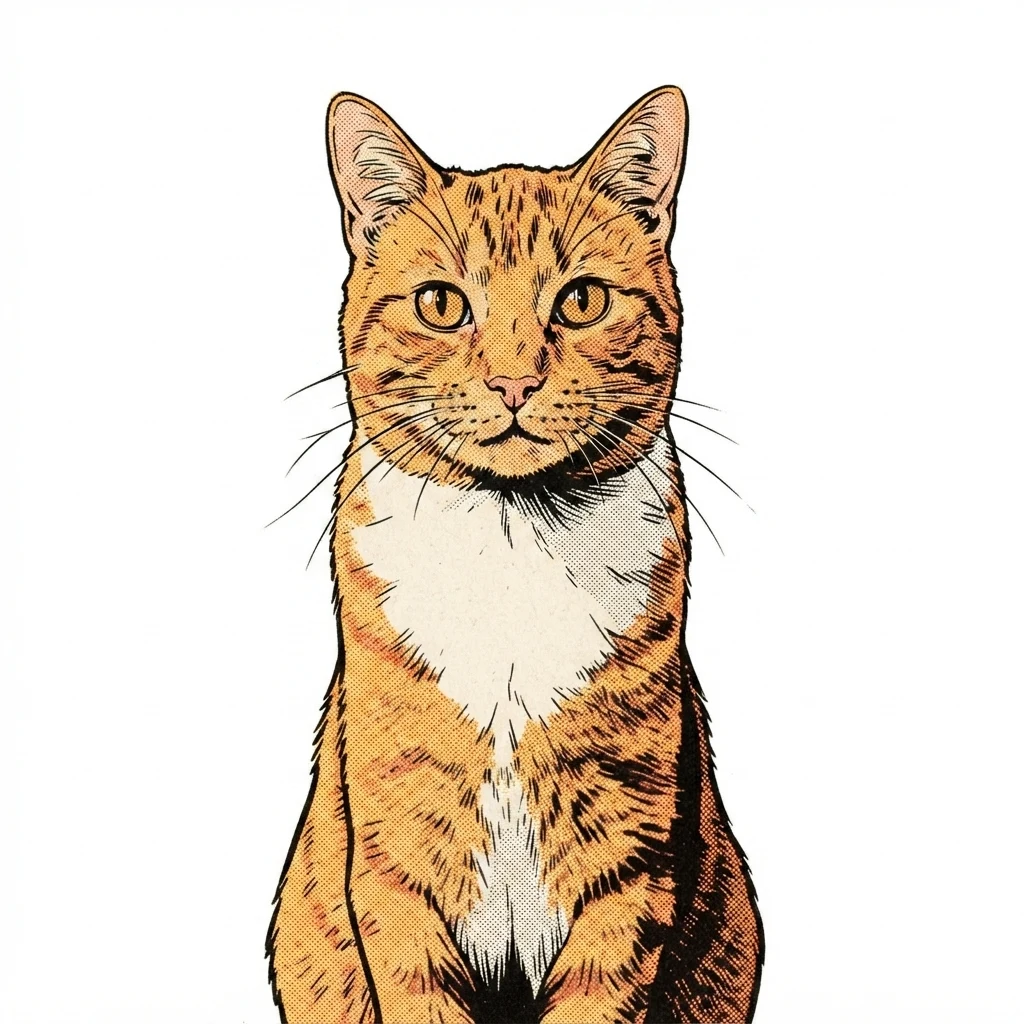 Un gato atigrado naranja de muestra generado por IA, antes y después del estilo Cómic