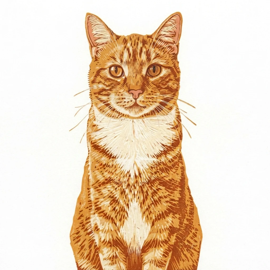 Un gato atigrado naranja de muestra generado por IA, antes y después del estilo Xilografía